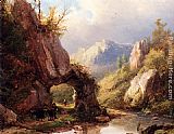 Johann Bernard Klombeck A Mountain Valley With A Peasant And Cattle Passing Along A Stream painting